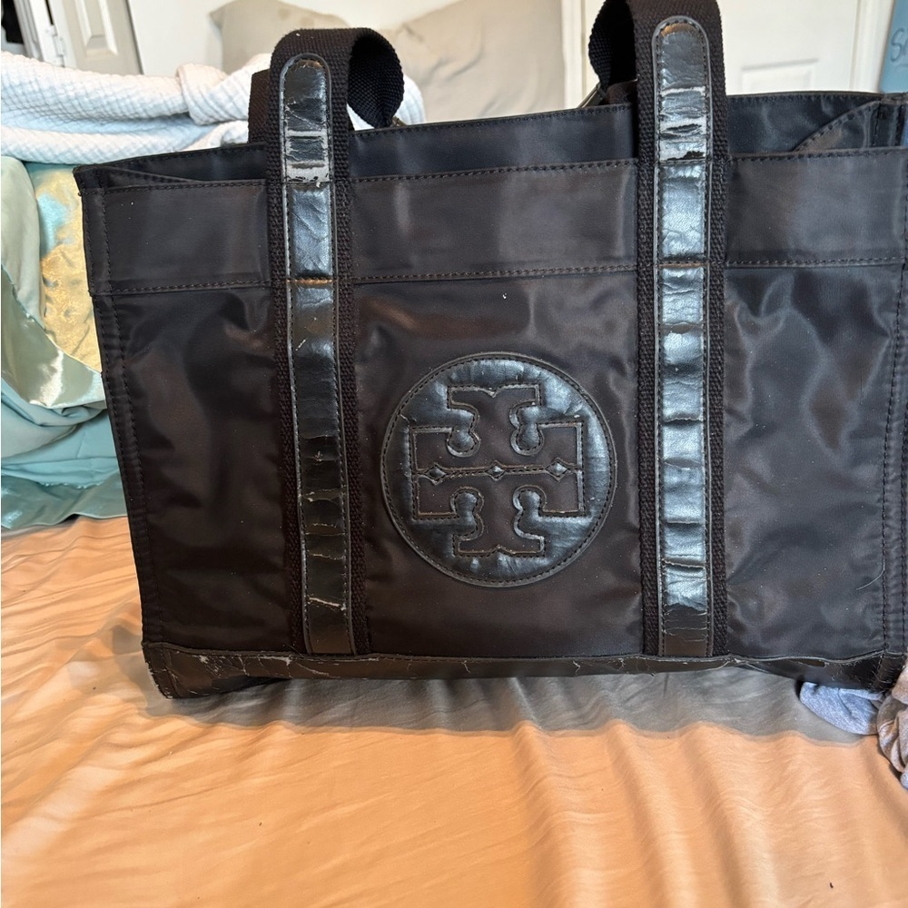 Tory Burch Ella Large Tote - Black Nylon & Patent Leather-Fair Condition/project